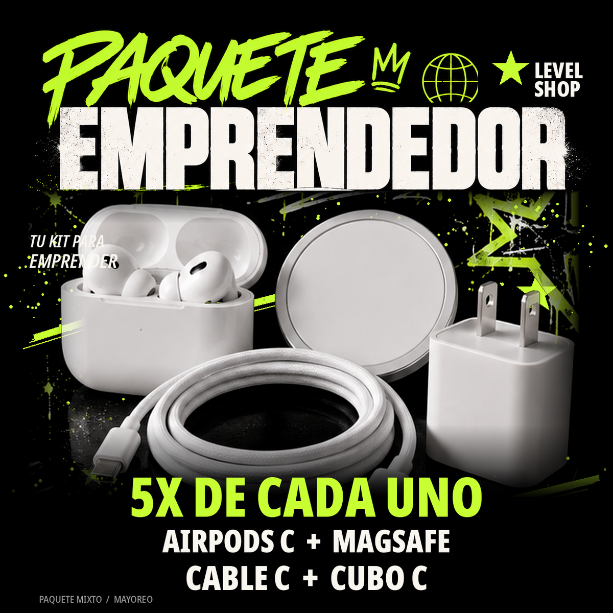 5x AIRPODS ENTRADA C, 5x CARGADOR MAGSAFE, 5x CABLE C, 5x CUBO C